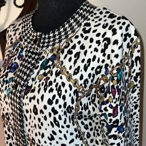 Laura Ashley Women’s Silk Blend Animal Print Chains Gems 3/4 Sleeve Cardigan S